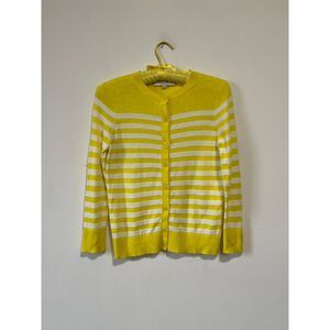 2000s 2010s Yellow White Striped Cardigan Cotton Rayon Wool Blend Loft XS